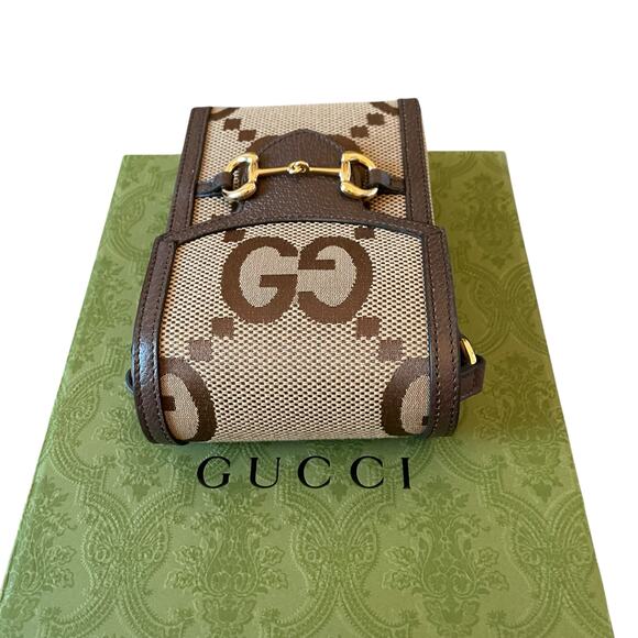 GUCCI Jumbo GG Mini Messenger Phone Bag in Logo Canvas Camel Ebony New - Picture 10 of 16
